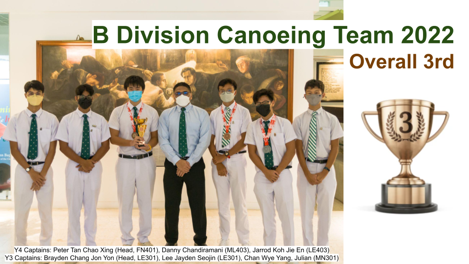 Seven masked students in white uniforms pose with a trophy for B Division Canoeing Team 2022 Overall 3rd place.
